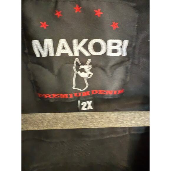 Makobi Premium Denim Jacket 2X Black Bulldog Patch Distressed Button-Up - Picture 9 of 11